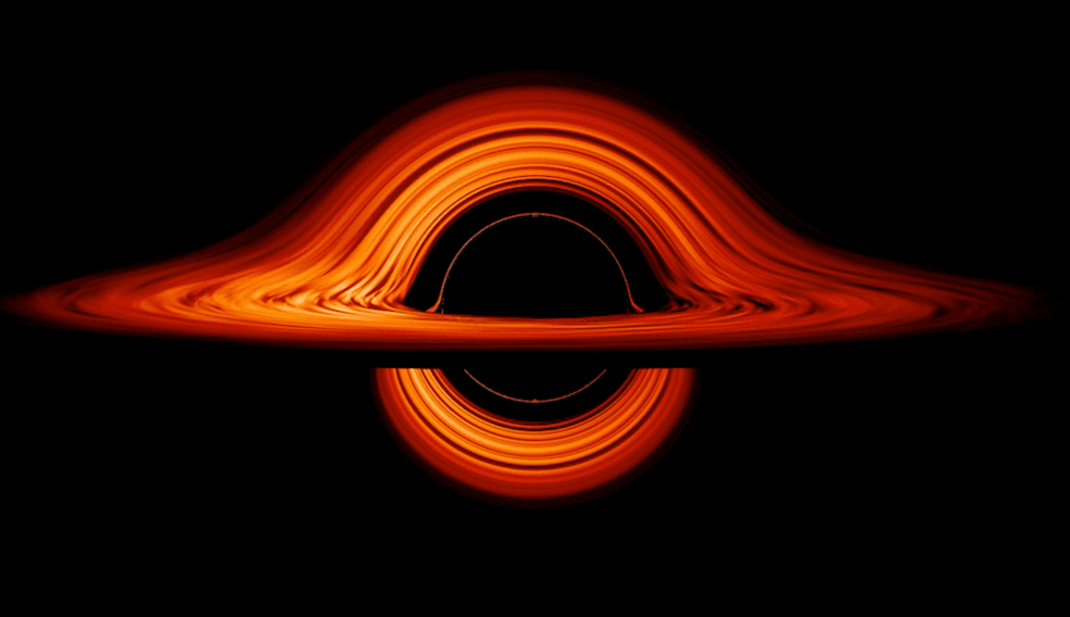 Seen nearly edgewise, the turbulent disk of gas churning around a black hole takes on a crazy double-humped appearance. The black hole’s extreme gravity alters the paths of light coming from different parts of the disk, producing the warped image. The black hole’s extreme gravitational field redirects and distorts light coming from different parts of the disk, but exactly what we see depends on our viewing angle. The greatest distortion occurs when viewing the system nearly edgewise.
Credits: NASA’s Goddard Space Flight Center/Jeremy Schnittman
Download this and related multimedia from NASA Goddard’s Scientific Visualization Studio